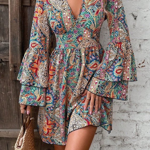 Multicolor Boho Women's Floral Print V-Neck Dress - Picture 5 of 5